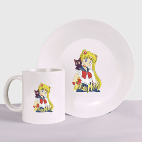 Набор: тарелка + кружка с принтом Sailor Moon & Luna в Курске, керамика | Кружка: объем — 330 мл, диаметр — 80 мм. Принт наносится на бока кружки, можно сделать два разных изображения. 
Тарелка: диаметр - 210 мм, диаметр для нанесения принта - 120 мм. | cat | girl | kitty | luna | moon | sailor moon | sailormoon | девочка | кот | котик | котэ | кошка | луна | мультяшка | сейлормун | сэйлор мун