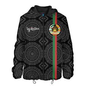 Мужская куртка 3D с принтом Таджикистан в Курске, ткань верха — 100% полиэстер, подклад — флис | прямой крой, подол и капюшон оформлены резинкой с фиксаторами, два кармана без застежек по бокам, один большой потайной карман на груди. Карман на груди застегивается на липучку | Тематика изображения на принте: architecture | ashgabat | asia | city | coat of arms | crown | flag | ornament | patterns | republic | silhouette | state | tajikistan | азия | архитектура | ашхабад | герб | город | государство | звезды | корона | орнамент | республика | силуэт | таджики