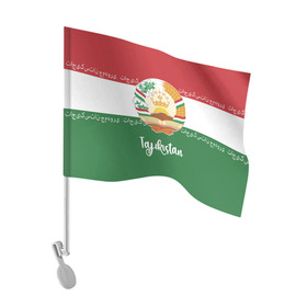 Флаг для автомобиля с принтом Таджикистан в Курске, 100% полиэстер | Размер: 30*21 см | asia | coat of arms | crown | emblem | flag | ornament | patterns | republic of tajikistan | stars | state | азия | герб | государство | звезды | корона | орнамент | республика | таджикистан | узоры | флаг | эмблема