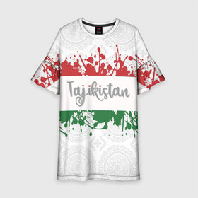 Детское платье 3D с принтом Таджикистан в Курске, 100% полиэстер | прямой силуэт, чуть расширенный к низу. Круглая горловина, на рукавах — воланы | Тематика изображения на принте: asia | blots | drops | flag | paint | republic of tajikistan | splashes | state | азия | брызги | государство | капли | кляксы | краска | республика | таджикистан | флаг