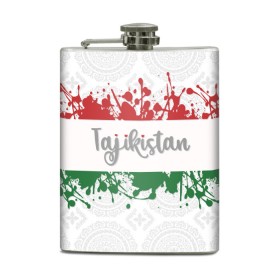 Фляга с принтом Таджикистан в Курске, металлический корпус | емкость 0,22 л, размер 125 х 94 мм. Виниловая наклейка запечатывается полностью | asia | blots | drops | flag | paint | republic of tajikistan | splashes | state | азия | брызги | государство | капли | кляксы | краска | республика | таджикистан | флаг