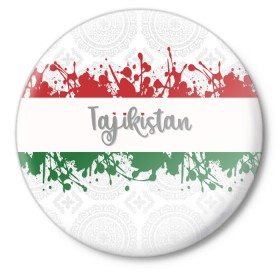 Значок с принтом Таджикистан в Курске,  металл | круглая форма, металлическая застежка в виде булавки | asia | blots | drops | flag | paint | republic of tajikistan | splashes | state | азия | брызги | государство | капли | кляксы | краска | республика | таджикистан | флаг