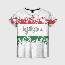 Женская футболка 3D с принтом Таджикистан в Курске, 100% полиэфир ( синтетическое хлопкоподобное полотно) | прямой крой, круглый вырез горловины, длина до линии бедер | asia | blots | drops | flag | paint | republic of tajikistan | splashes | state | азия | брызги | государство | капли | кляксы | краска | республика | таджикистан | флаг