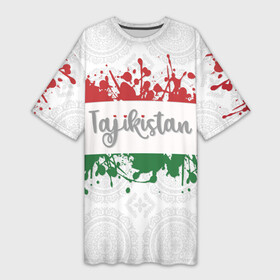 Платье-футболка 3D с принтом Таджикистан в Курске,  |  | asia | blots | drops | flag | paint | republic of tajikistan | splashes | state | азия | брызги | государство | капли | кляксы | краска | республика | таджикистан | флаг