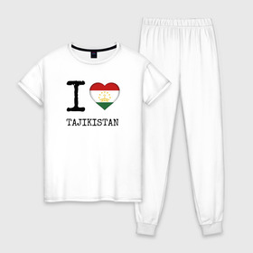 Женская пижама хлопок с принтом Таджикистан в Курске, 100% хлопок | брюки и футболка прямого кроя, без карманов, на брюках мягкая резинка на поясе и по низу штанин | asia | coat of arms | flag | heart | i | love | ornament | patterns | republic | state | tajikistan | азия | герб | государство | люблю | орнамент | республика | сердце | таджикистан | узоры | флаг | я