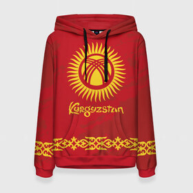 Женская толстовка 3D с принтом Киргизия в Курске, 100% полиэстер  | двухслойный капюшон со шнурком для регулировки, мягкие манжеты на рукавах и по низу толстовки, спереди карман-кенгуру с мягким внутренним слоем. | Тематика изображения на принте: asia | coat of arms | kyrgyz republics | kyrgyzstan | ornament | state | азия | герб | государство | киргизия | киргизская республика | кыргыз республикасы | кыргызстан | орнамент