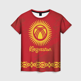 Женская футболка 3D с принтом Киргизия в Курске, 100% полиэфир ( синтетическое хлопкоподобное полотно) | прямой крой, круглый вырез горловины, длина до линии бедер | asia | coat of arms | kyrgyz republics | kyrgyzstan | ornament | state | азия | герб | государство | киргизия | киргизская республика | кыргыз республикасы | кыргызстан | орнамент