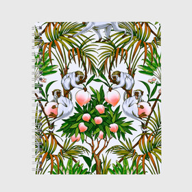 Тетрадь с принтом Обезьяны персики пальмы лето в Курске, 100% бумага | 48 листов, плотность листов — 60 г/м2, плотность картонной обложки — 250 г/м2. Листы скреплены сбоку удобной пружинной спиралью. Уголки страниц и обложки скругленные. Цвет линий — светло-серый
 | Тематика изображения на принте: 2020 | весна | животный | зеленый | лето | листики | листочки | листья | макаки | мартышки | обезьяны | отдых | отпуск | пальмы | паттерн | персики | повседневность | редкие | рисунок | средний | тропики