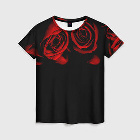 Женская футболка 3D с принтом Готика в Курске, 100% полиэфир ( синтетическое хлопкоподобное полотно) | прямой крой, круглый вырез горловины, длина до линии бедер | black | flowers | red | rose | rozario | vampire | алые | бутоны | вампир | винтаж | готический | красныерозы | кровь | лепестки | летний | лето | ночь | природа | растения | роза | розочка | розы | рок | темный | узор