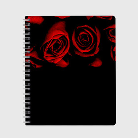 Тетрадь с принтом Готика в Курске, 100% бумага | 48 листов, плотность листов — 60 г/м2, плотность картонной обложки — 250 г/м2. Листы скреплены сбоку удобной пружинной спиралью. Уголки страниц и обложки скругленные. Цвет линий — светло-серый
 | Тематика изображения на принте: black | flowers | red | rose | rozario | vampire | алые | бутоны | вампир | винтаж | готический | красныерозы | кровь | лепестки | летний | лето | ночь | природа | растения | роза | розочка | розы | рок | темный | узор