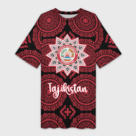 Платье-футболка 3D с принтом Таджикистан в Курске,  |  | asia | coat of arms | crown | emblem | flag | order | ornament | patterns | president | republic | stars | state | tajikistan | азия | герб | государство | звезды | корона | орден | орнамент | президента | республика | таджикистан | узоры | флаг | эмблема