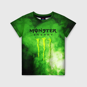 Детская футболка 3D с принтом MONSTER ENERGY в Курске, 100% гипоаллергенный полиэфир | прямой крой, круглый вырез горловины, длина до линии бедер, чуть спущенное плечо, ткань немного тянется | brend | green | monster energy | андреналин | бренд | зеленый | логотип | монстр | напиток | энергетик | энергия