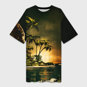 Платье-футболка 3D с принтом РАЙСКИЙ ОСТРОВ в Курске,  |  | summer | tropic | жара | летний | лето | отдых | пальмы | природа | текстура | тропикано | тропики