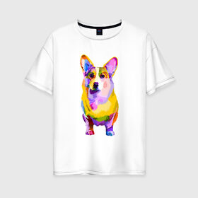 Женская футболка хлопок Oversize с принтом Радужный корги в Курске, 100% хлопок | свободный крой, круглый ворот, спущенный рукав, длина до линии бедер
 | корги | корги лапа | милый корги | радуга | радужная собака | радужный корги | разноцветный корги | собака | цветной корги