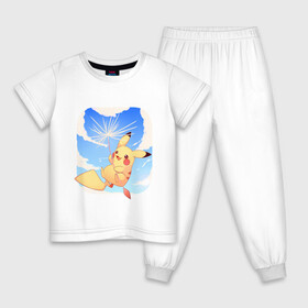 Детская пижама хлопок с принтом Летящий на одуванчике Пикачу в Курске, 100% хлопок |  брюки и футболка прямого кроя, без карманов, на брюках мягкая резинка на поясе и по низу штанин
 | Тематика изображения на принте: аниме | довольный | желтый | летящий | небо | одуванчик | пикачу | покемоны | полет | пушинка