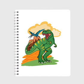 Тетрадь с принтом Динозавр в Курске, 100% бумага | 48 листов, плотность листов — 60 г/м2, плотность картонной обложки — 250 г/м2. Листы скреплены сбоку удобной пружинной спиралью. Уголки страниц и обложки скругленные. Цвет линий — светло-серый
 | Тематика изображения на принте: вулкан | динозавры | динозавры в природе | летающий динозавр | хищник