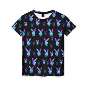 Женская футболка 3D с принтом Playboy в Курске, 100% полиэфир ( синтетическое хлопкоподобное полотно) | прямой крой, круглый вырез горловины, длина до линии бедер | playboy | абстракция | зая | заяц | краска | кролик | кролик плейбой | лето | море | неон | отдых | плейбой | плэйбой | пляж | текстура