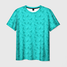 Мужская футболка 3D с принтом Зеленые птицы летний узор в Курске, 100% полиэфир | прямой крой, круглый вырез горловины, длина до линии бедер | бежевый | бирюзовый | зеленый | нейтральный | паттерн | повседневный | принт | природа | птицы | птички | светлый | силуэты | узор