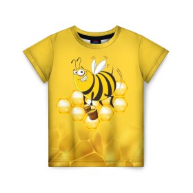 Детская футболка 3D с принтом Лето. Пчелы. Мед в Курске, 100% гипоаллергенный полиэфир | прямой крой, круглый вырез горловины, длина до линии бедер, чуть спущенное плечо, ткань немного тянется | Тематика изображения на принте: лето | мед | насекомые | пчела | соты | улей
