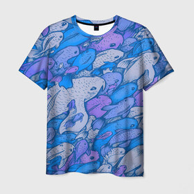 Мужская футболка 3D с принтом косяк рыб крупно рисунок в Курске, 100% полиэфир | прямой крой, круглый вырез горловины, длина до линии бедер | арт | косяк | много | морские жители | морской | подводный мир | рисунок | рыбки | рыбы | синий | фиолетовый