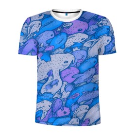 Мужская футболка 3D спортивная с принтом косяк рыб крупно рисунок в Курске, 100% полиэстер с улучшенными характеристиками | приталенный силуэт, круглая горловина, широкие плечи, сужается к линии бедра | арт | косяк | много | морские жители | морской | подводный мир | рисунок | рыбки | рыбы | синий | фиолетовый