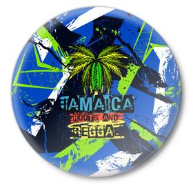 Значок с принтом Jamaica Roots and reggae в Курске,  металл | круглая форма, металлическая застежка в виде булавки | jamaica | reggae | roots | летняя | лето | надпись | пальма | раста | регги | рэгги | текст | фраза | ямайка
