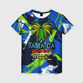 Женская футболка 3D с принтом Jamaica Roots and reggae в Курске, 100% полиэфир ( синтетическое хлопкоподобное полотно) | прямой крой, круглый вырез горловины, длина до линии бедер | jamaica | reggae | roots | летняя | лето | надпись | пальма | раста | регги | рэгги | текст | фраза | ямайка