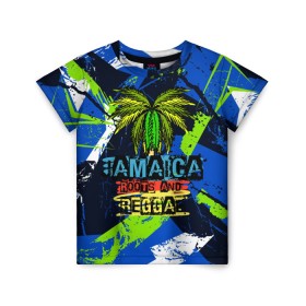 Детская футболка 3D с принтом Jamaica Roots and reggae в Курске, 100% гипоаллергенный полиэфир | прямой крой, круглый вырез горловины, длина до линии бедер, чуть спущенное плечо, ткань немного тянется | jamaica | reggae | roots | летняя | лето | надпись | пальма | раста | регги | рэгги | текст | фраза | ямайка