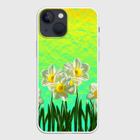 Чехол для iPhone 13 mini с принтом Солнечные Нарциссы в Курске,  |  | Тематика изображения на принте: flowers | nature | summer | sun | бутоны | зелень | кислотный | краски | лазурный | лепестки | летний | лето | листья | нарцисс | нарциссы | неоновый | поле | природа | растения | ромашки | сад | солнечный | солнце