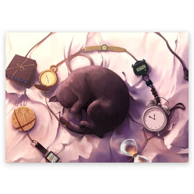 Поздравительная открытка с принтом 9 жизней кота в Курске, 100% бумага | плотность бумаги 280 г/м2, матовая, на обратной стороне линовка и место для марки
 | 9 жизней | время | девять жизней | клубок | кот | кошка | часы | черный котик