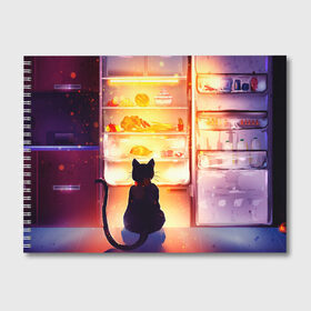 Альбом для рисования с принтом Черный кот холодильник ночь в Курске, 100% бумага
 | матовая бумага, плотность 200 мг. | арт | вкусняшки | ночной дожор | ночь | преступление | рисунок | холодильник | черный кот