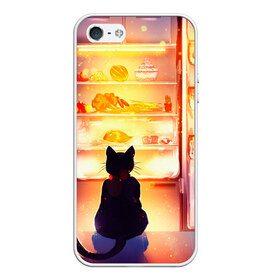 Чехол для iPhone 5/5S матовый с принтом Черный кот холодильник ночь в Курске, Силикон | Область печати: задняя сторона чехла, без боковых панелей | арт | вкусняшки | ночной дожор | ночь | преступление | рисунок | холодильник | черный кот