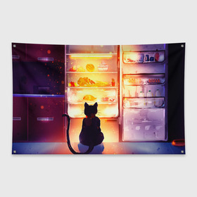 Флаг-баннер с принтом Черный кот холодильник ночь в Курске, 100% полиэстер | размер 67 х 109 см, плотность ткани — 95 г/м2; по краям флага есть четыре люверса для крепления | Тематика изображения на принте: арт | вкусняшки | ночной дожор | ночь | преступление | рисунок | холодильник | черный кот