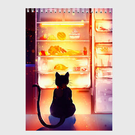 Скетчбук с принтом Черный кот холодильник ночь в Курске, 100% бумага
 | 48 листов, плотность листов — 100 г/м2, плотность картонной обложки — 250 г/м2. Листы скреплены сверху удобной пружинной спиралью | арт | вкусняшки | ночной дожор | ночь | преступление | рисунок | холодильник | черный кот