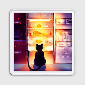 Магнит 55*55 с принтом Черный кот холодильник ночь в Курске, Пластик | Размер: 65*65 мм; Размер печати: 55*55 мм | Тематика изображения на принте: арт | вкусняшки | ночной дожор | ночь | преступление | рисунок | холодильник | черный кот