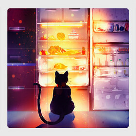 Магнитный плакат 3Х3 с принтом Черный кот холодильник ночь в Курске, Полимерный материал с магнитным слоем | 9 деталей размером 9*9 см | Тематика изображения на принте: арт | вкусняшки | ночной дожор | ночь | преступление | рисунок | холодильник | черный кот