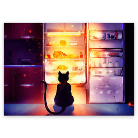 Поздравительная открытка с принтом Черный кот холодильник ночь в Курске, 100% бумага | плотность бумаги 280 г/м2, матовая, на обратной стороне линовка и место для марки
 | арт | вкусняшки | ночной дожор | ночь | преступление | рисунок | холодильник | черный кот