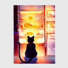 Постер с принтом Черный кот холодильник ночь в Курске, 100% бумага
 | бумага, плотность 150 мг. Матовая, но за счет высокого коэффициента гладкости имеет небольшой блеск и дает на свету блики, но в отличии от глянцевой бумаги не покрыта лаком | арт | вкусняшки | ночной дожор | ночь | преступление | рисунок | холодильник | черный кот