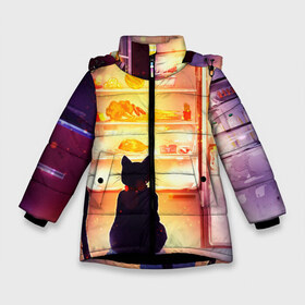 Зимняя куртка для девочек 3D с принтом Черный кот холодильник ночь в Курске, ткань верха — 100% полиэстер; подклад — 100% полиэстер, утеплитель — 100% полиэстер. | длина ниже бедра, удлиненная спинка, воротник стойка и отстегивающийся капюшон. Есть боковые карманы с листочкой на кнопках, утяжки по низу изделия и внутренний карман на молнии. 

Предусмотрены светоотражающий принт на спинке, радужный светоотражающий элемент на пуллере молнии и на резинке для утяжки. | арт | вкусняшки | ночной дожор | ночь | преступление | рисунок | холодильник | черный кот
