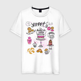 Мужская футболка хлопок с принтом sweets в Курске, 100% хлопок | прямой крой, круглый вырез горловины, длина до линии бедер, слегка спущенное плечо. | блюда | готовка | еда | кондитер | кулинар | повар | шеф повар