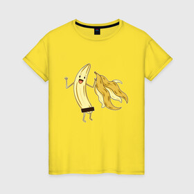Женская футболка хлопок с принтом Голый Банан в Курске, 100% хлопок | прямой крой, круглый вырез горловины, длина до линии бедер, слегка спущенное плечо | banana | cute | funny | humor | naked | бананы | без кожицы | без кожуры | забавная | забавный | милый | очищенный | позирует | прикол | прикольный | прямоугольник | смешная | смешной | улыбка | эксгибиционизм | эк