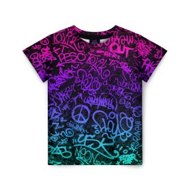 Детская футболка 3D с принтом Граффити Neon в Курске, 100% гипоаллергенный полиэфир | прямой крой, круглый вырез горловины, длина до линии бедер, чуть спущенное плечо, ткань немного тянется | blue | cyberpunk | drawing | graffiti | lettering | neon | paint | purple | text | брызги | граффити | киберпанк | краска | надписи | неон | рисунок | синий | текст | фиолетовый