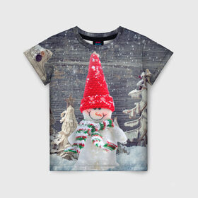 Детская футболка 3D с принтом Снеговик, Новогодняя в Курске, 100% гипоаллергенный полиэфир | прямой крой, круглый вырез горловины, длина до линии бедер, чуть спущенное плечо, ткань немного тянется | ёлки | красный | новый год | снег | снеговик