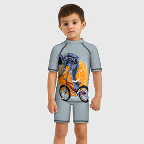 Детский купальный костюм 3D с принтом Космический велосипедист (Z) в Курске, Полиэстер 85%, Спандекс 15% | застежка на молнии на спине | bicycle | bicyclist | bike | biker | bmx | cycle | galaxy | moon | rider | space | stars | байкер | бмх | вело | велогонщик | велосепедист | велосипед | велоспорт | гонщик | космос | луна