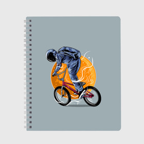 Тетрадь с принтом Космический велосипедист (Z) в Курске, 100% бумага | 48 листов, плотность листов — 60 г/м2, плотность картонной обложки — 250 г/м2. Листы скреплены сбоку удобной пружинной спиралью. Уголки страниц и обложки скругленные. Цвет линий — светло-серый
 | bicycle | bicyclist | bike | biker | bmx | cycle | galaxy | moon | rider | space | stars | байкер | бмх | вело | велогонщик | велосепедист | велосипед | велоспорт | гонщик | космос | луна