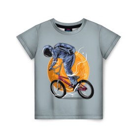 Детская футболка 3D с принтом Космический велосипедист (Z) в Курске, 100% гипоаллергенный полиэфир | прямой крой, круглый вырез горловины, длина до линии бедер, чуть спущенное плечо, ткань немного тянется | Тематика изображения на принте: bicycle | bicyclist | bike | biker | bmx | cycle | galaxy | moon | rider | space | stars | байкер | бмх | вело | велогонщик | велосепедист | велосипед | велоспорт | гонщик | космос | луна