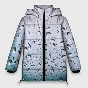 Женская зимняя куртка 3D с принтом Капли окно стекло дождь серо в Курске, верх — 100% полиэстер; подкладка — 100% полиэстер; утеплитель — 100% полиэстер | длина ниже бедра, силуэт Оверсайз. Есть воротник-стойка, отстегивающийся капюшон и ветрозащитная планка. 

Боковые карманы с листочкой на кнопках и внутренний карман на молнии | Тематика изображения на принте: абстракция | блики | боке | брызги | вечер | вода | градиент | дача | дождь | капли | капли на стекле | лес | лето | мрачно | окно | природа | роса | свет | силуэты | симметрия | текстура | темный | фото