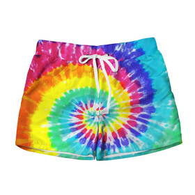 Женские шорты 3D с принтом TIE DYE СТЕНА в Курске, 100% полиэстер | прямой крой, два кармана без застежек по бокам. Мягкая трикотажная резинка на поясе, внутри которой широкие завязки. Длина до середины бедра | abstract | abstraction | color | geometry | paitnt | psy | абстракция | геометрия | краски | неоновые | психоделика