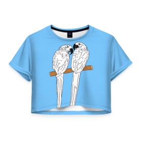 Женская футболка Crop-top 3D с принтом Белые попугаи в Курске, 100% полиэстер | круглая горловина, длина футболки до линии талии, рукава с отворотами | bird | parrot | tropical | wings | азия | ара | джунгли | дикие | животные | клюв | крылья | латинская | летние | лето | небесный | острова | отдых | пальмы | перья | попугаи | попугай | птица | птичка | райские | тропики
