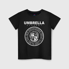 Детская футболка хлопок с принтом Академия Амбрелла в Курске, 100% хлопок | круглый вырез горловины, полуприлегающий силуэт, длина до линии бедер | Тематика изображения на принте: umbrella | umbrella academy | академия амбрелла | амбрелла | герб